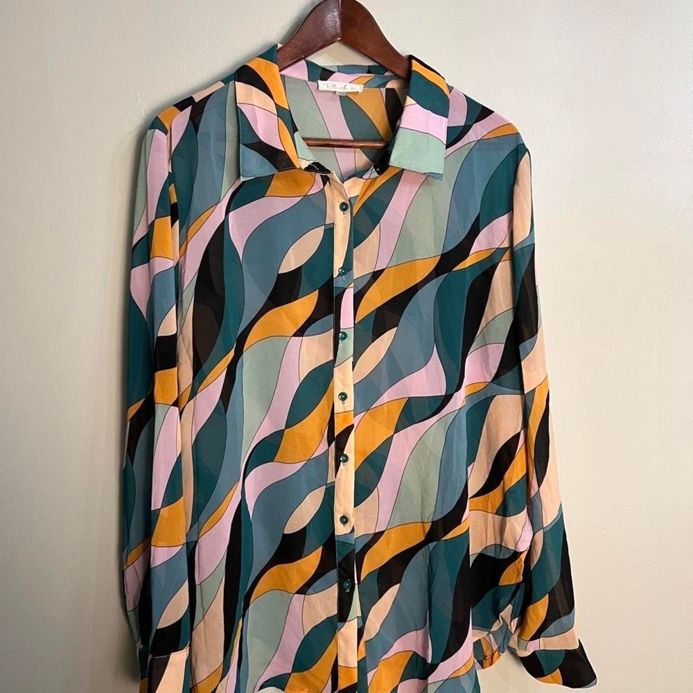 Blush BJ 2XL Abstract Wavy Print Button Down Blouse 70s Inspired Artsy